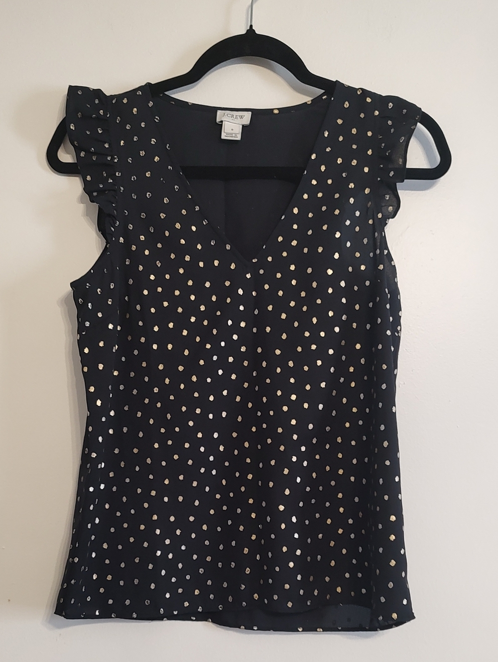 J. Crew Black V-Neck Sleeveless Top with Gold Dot Print